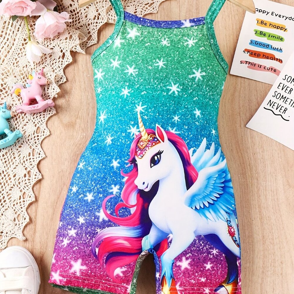 Unicorn Graphic Cami Romper For Girls, Stylish Summer Versatile Suit Outdoor